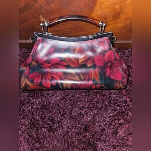 Patricia Nash Red Floral Clutch with Wooden Handle